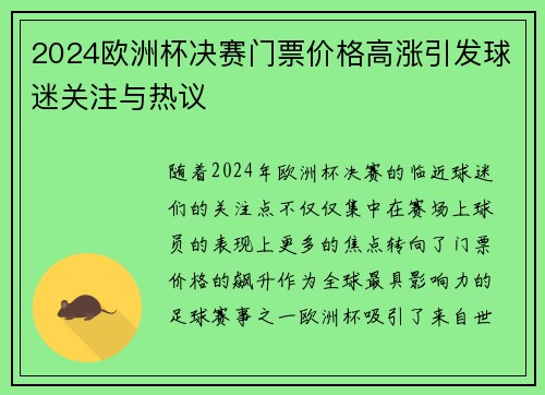 2024欧洲杯决赛门票价格高涨引发球迷关注与热议