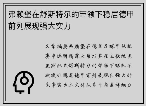 弗赖堡在舒斯特尔的带领下稳居德甲前列展现强大实力