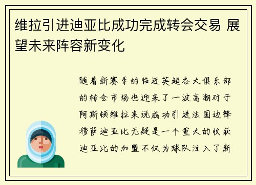 维拉引进迪亚比成功完成转会交易 展望未来阵容新变化